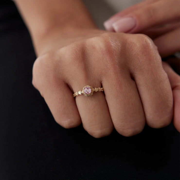 14k Gold Flower Round Lab Pink Tourmaline Ring