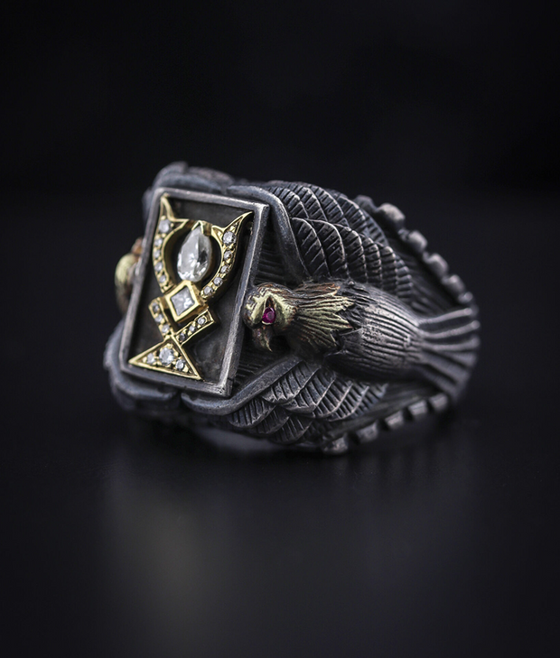 Men's Sterling Silver ring with Solid Gold Eagle  and Diamond
