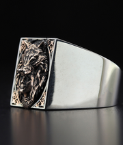 Men's Sterling Silver Ring with Native American Head with Wolf