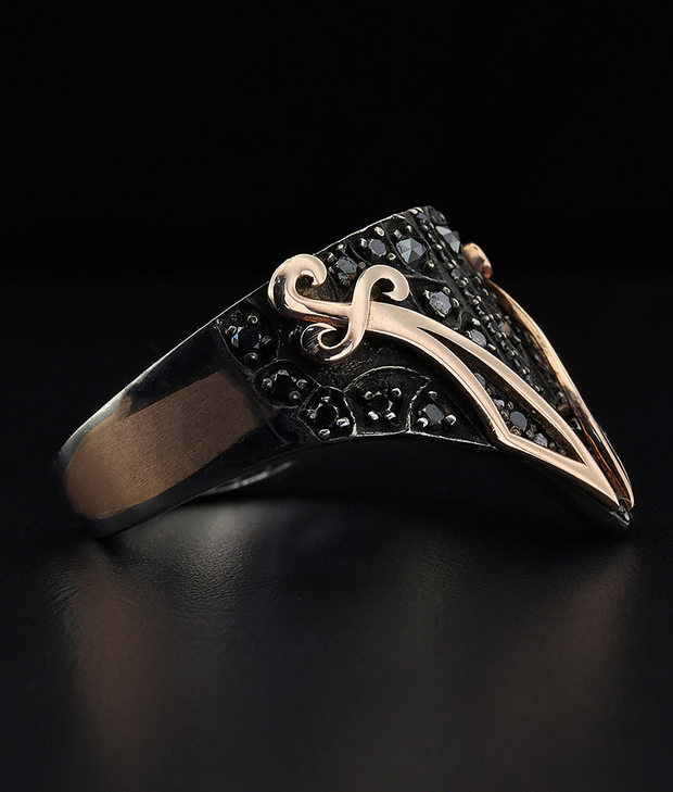 Men's Sterling Silver and Solid Gold Ring Sword Ring with Black Diamonds