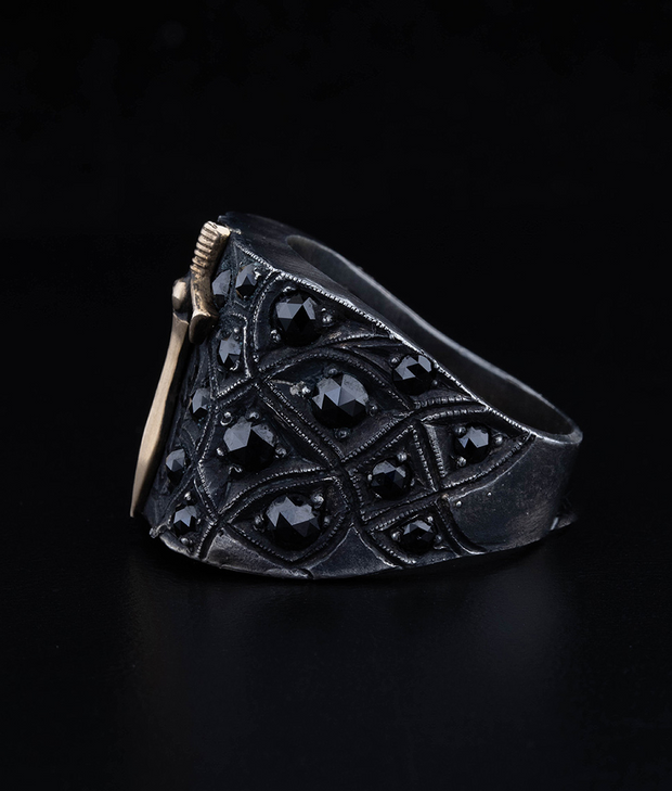 Men's Sterling Silver and Solid Gold Sword Ring with Black Diamonds