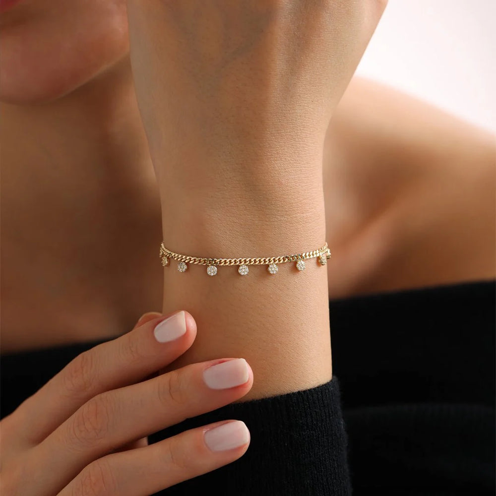14k Gold Sequined Gourmet Pendant Bracelet, 14k Solid Gold Bracelet, Gold Bracelet for women, Solid Gold Bracelet, 
