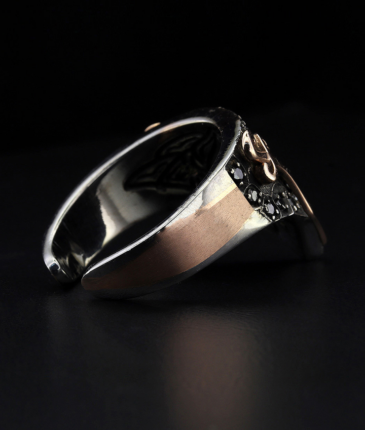 Men's Sterling Silver and Solid Gold Ring Sword Ring with Black Diamonds