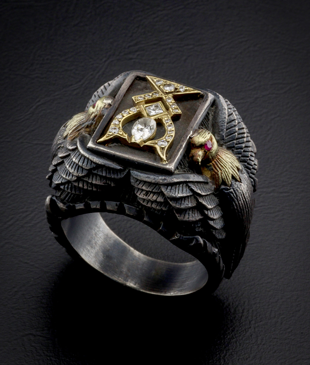 Men's Sterling Silver ring with Solid Gold Eagle  and Diamond