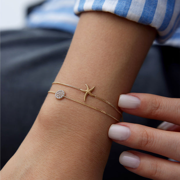 14k Gold Starfish and Flower Stone Bracelet, 14k Solid Gold Bracelet, Gold Bracelet for women, Solid Gold Bracelet