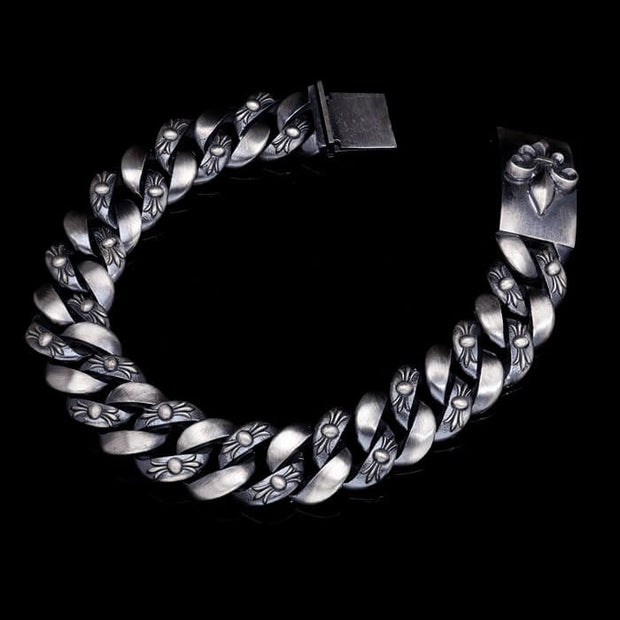 Men’s Sterling Silver Embossed Fleur De Lis Cuban Chain Bracelet