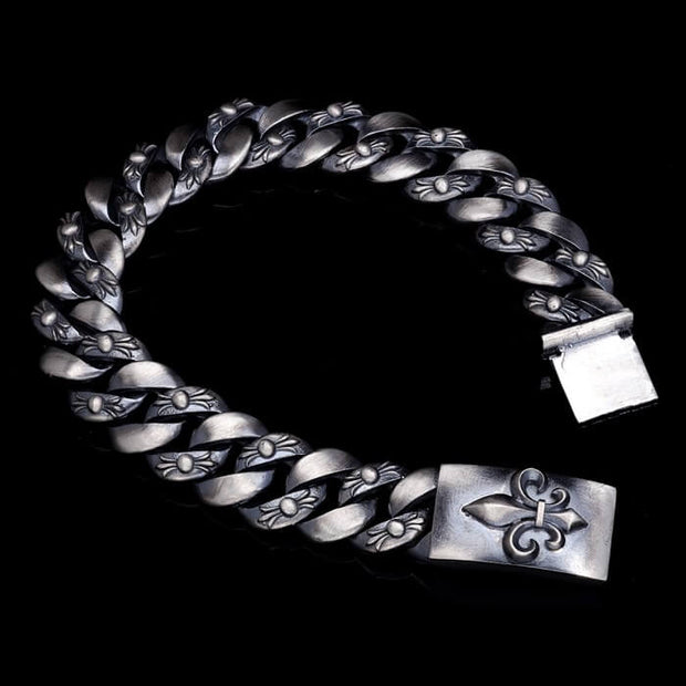 Men’s Sterling Silver Embossed Fleur De Lis Cuban Chain Bracelet