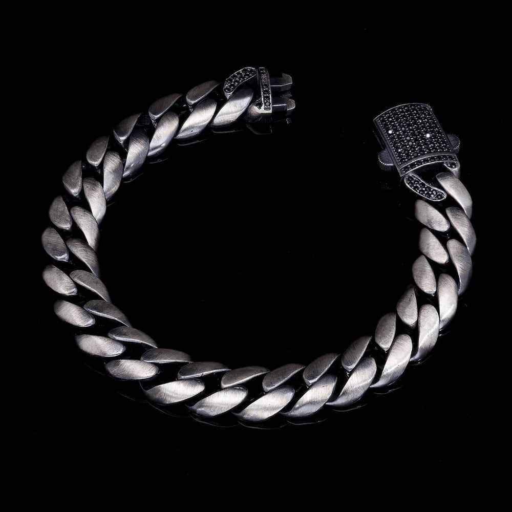 Men’s Sterling Silver Locked Detail Stone Cuban Chain Bracelet