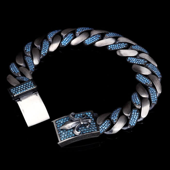 Men’s Sterling Silver Fleur de Lis Blue Cuban Chain Bracelet