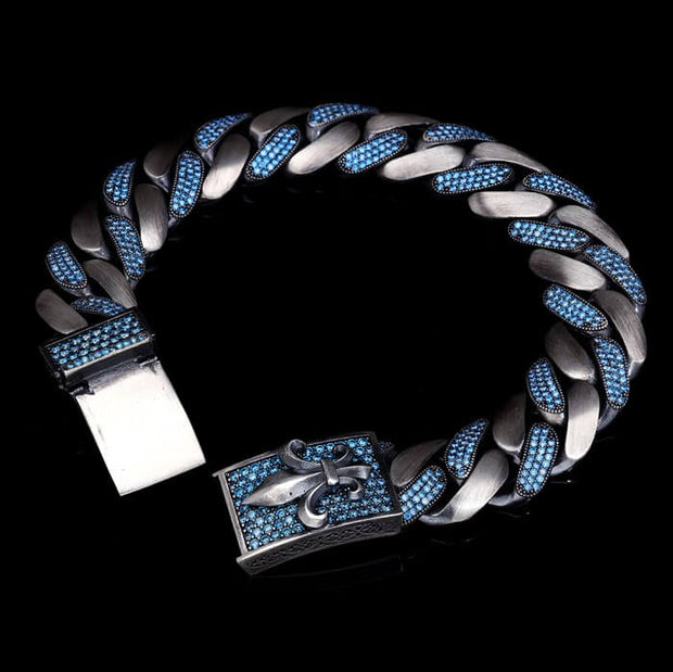 Men’s Sterling Silver Fleur de Lis Blue Cuban Chain Bracelet