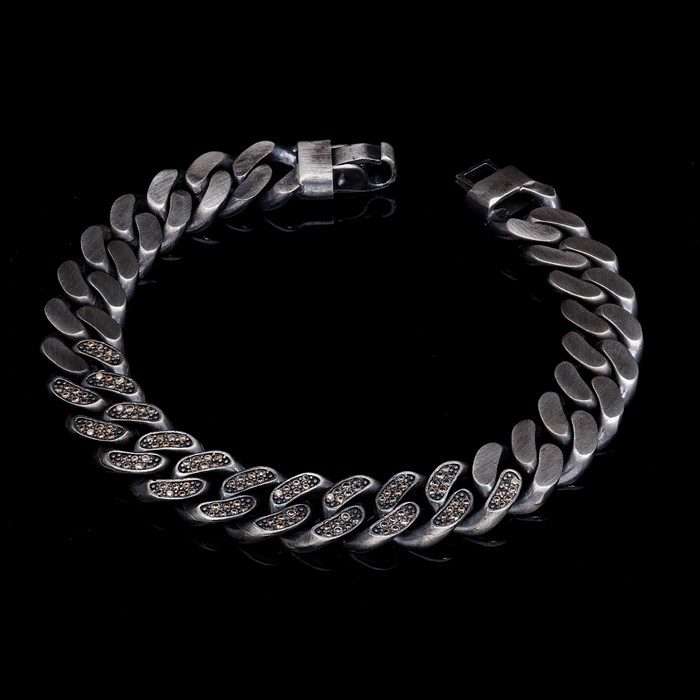 Men’s Sterling Silver Champagne Stone Cuban Chain Bracelet