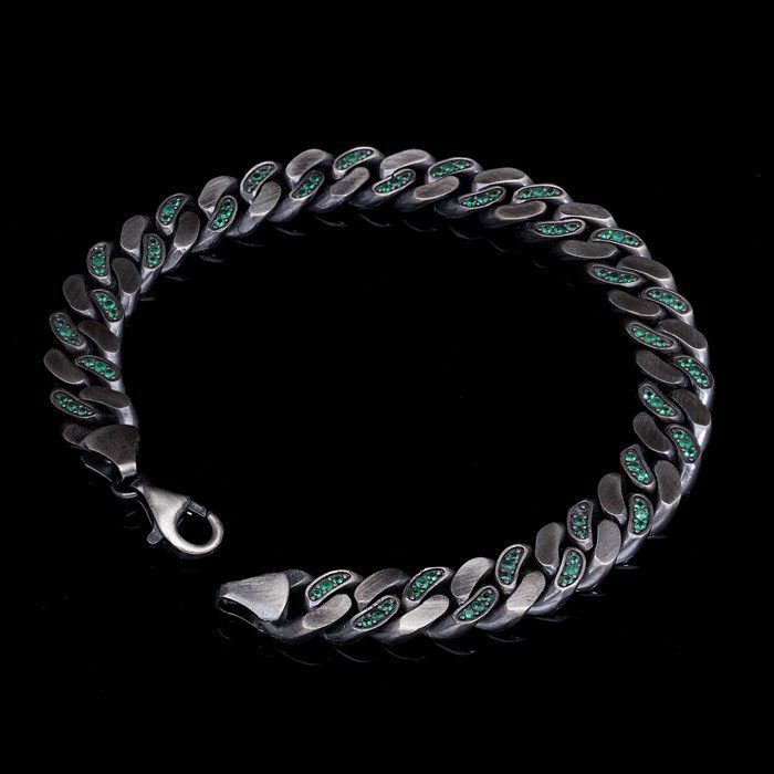 Men’s Sterling Silver Green Stone Cuban Chain Bracelet