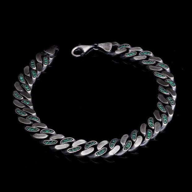 Men’s Sterling Silver Green Stone Cuban Chain Bracelet