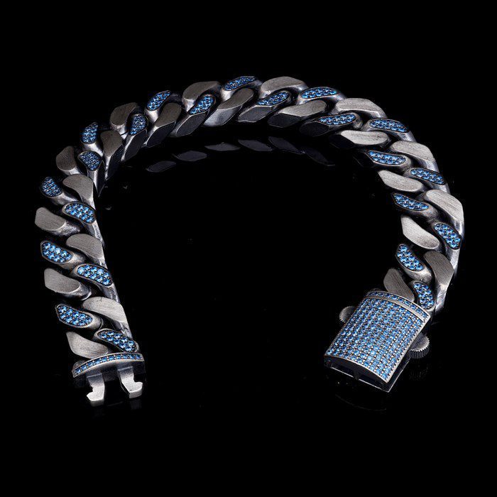Men’s Sterling Silver Locked Detail Stone Cuban Chain Bracelet