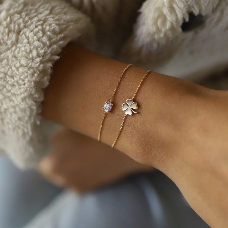 14k Gold Baguette Clover Bracelet, 14k Solid Gold Bracelet, Gold Bracelet for women, Solid Gold Bracelet