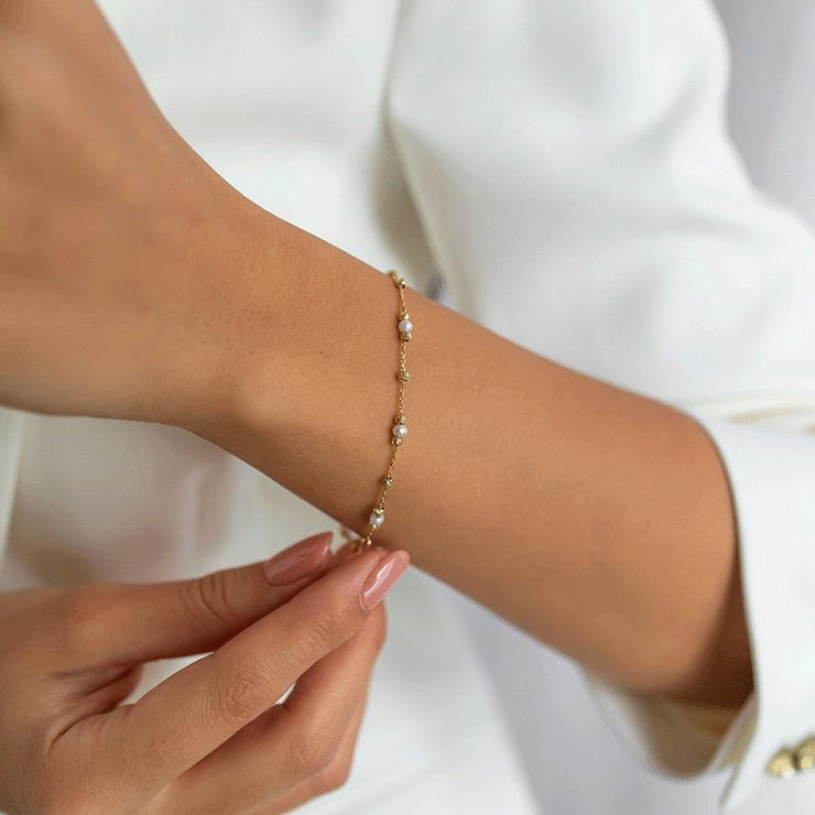 14k Gold Pearl Bracelet, 14k Solid Gold Bracelet, Gold Bracelet for women, Solid Gold Bracelet