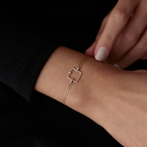 14k Gold Bracelet with Square in the Middle and Stones Around, 14k Solid Gold Bracelet, Gold Bracelet for women, Solid Gold Bracelet