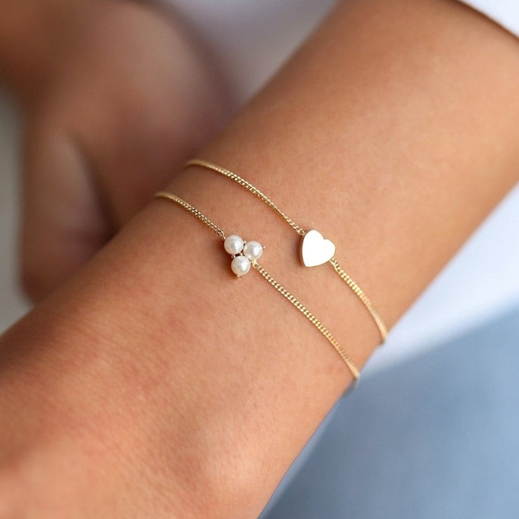 14k Gold Pearl Heart Double Bracelet, 14k Solid Gold Bracelet, Gold Bracelet for women, Solid Gold Bracelet