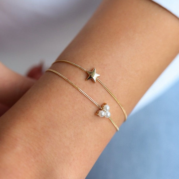 14k Gold Pearl Star Double Bracelet, 14k Solid Gold Bracelet, Gold Bracelet for women, Solid Gold Bracelet