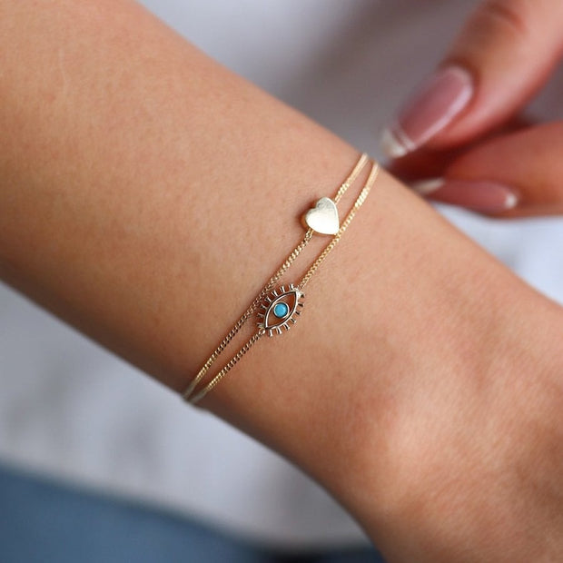 14k Gold Eyelash Heart Double Bracelet, 14k Solid Gold Bracelet, Gold Bracelet for women, Solid Gold Bracelet