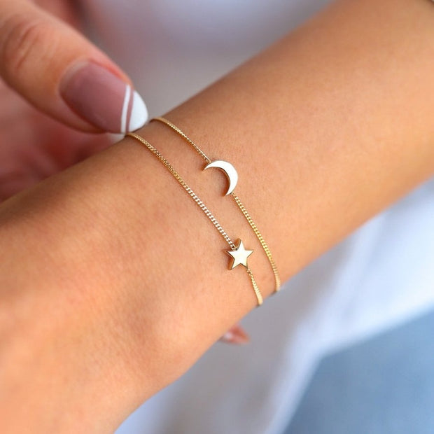 14k Gold Crescent Star Double Bracelet, 14k Solid Gold Bracelet, Gold Bracelet for women, Solid Gold Bracelet