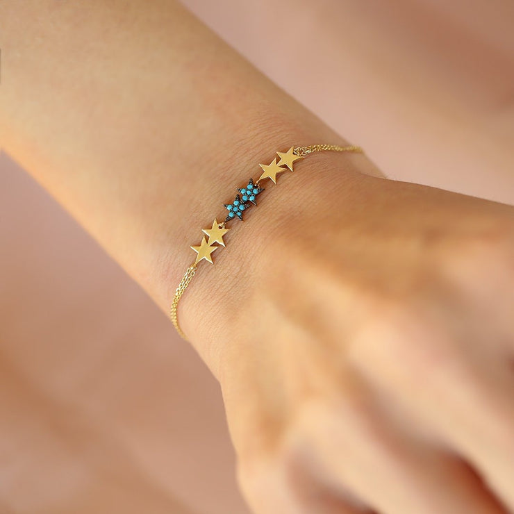 14k Gold Row Star Bracelet, 14k Solid Gold Bracelet, Gold Bracelet for women, Solid Gold Bracelet