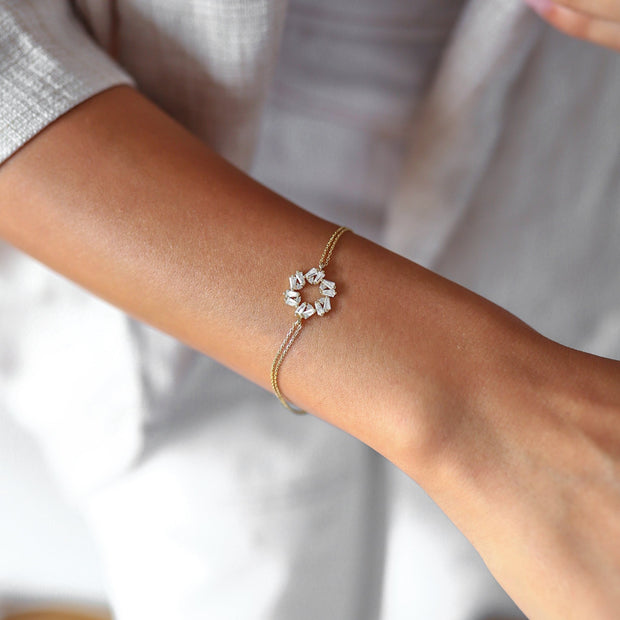 14k Gold Flower Baguette Bracelet, 14k Solid Gold Bracelet, Gold Bracelet for women, Solid Gold Bracelet