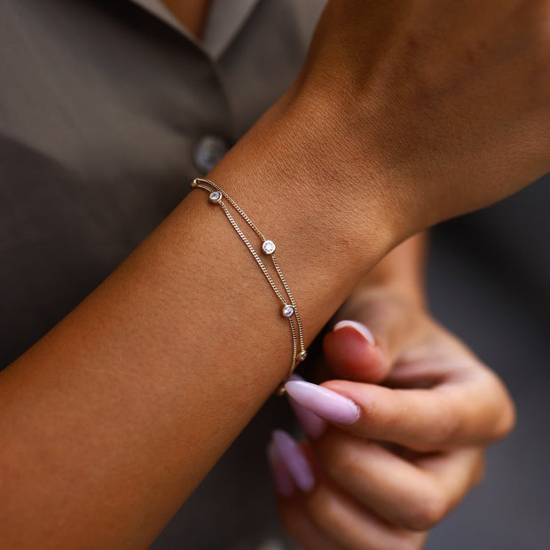 14k Gold Solitaire Double Bracelet, 14k Solid Gold Bracelet, Gold Bracelet for women, Solid Gold Bracelet