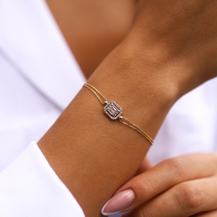 14k Gold Double Baguette Bracelet, 14k Solid Gold Bracelet, Gold Bracelet for women, Solid Gold Bracelet