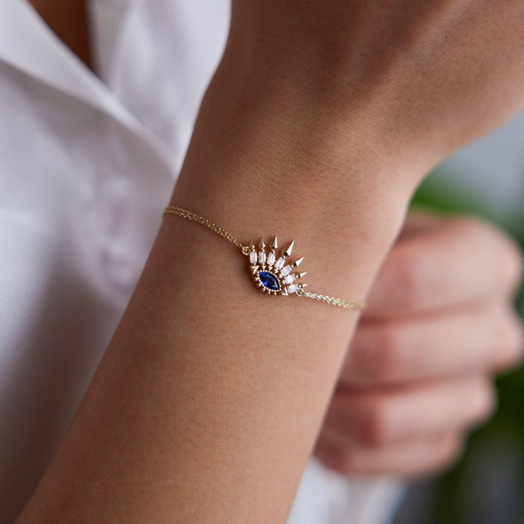 14k Gold Baguette Stone Evil Eye Bracelet, 14k Solid Gold Bracelet, Gold Bracelet for women, Solid Gold Bracelet