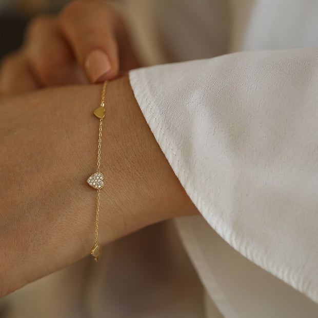 14k Gold Sequential Heart Bracelet, 14k Solid Gold Bracelet, Gold Bracelet for women, Solid Gold Bracelet