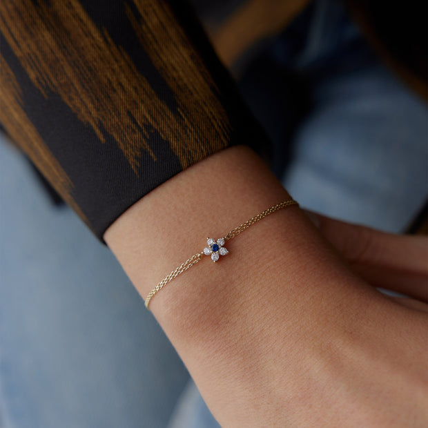 14k Gold Blue Flower Bracelet, 14k Solid Gold Bracelet, Gold Bracelet for women, Solid Gold Bracelet