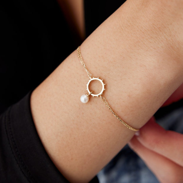 14k Gold Wheel Pearl Bracelet, 14k Solid Gold Bracelet, Gold Bracelet for women, Solid Gold Bracelet