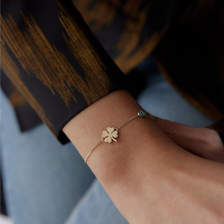 14k Gold Eye and Clover Bracelet, 14k Solid Gold Bracelet, Gold Bracelet for women, Solid Gold Bracelet