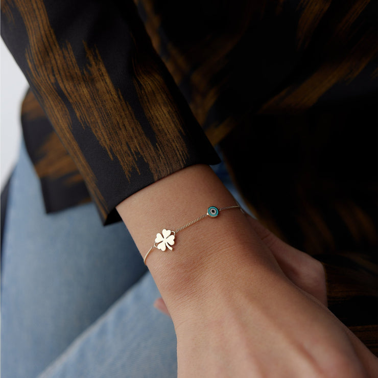 14k Gold Eye and Clover Bracelet, 14k Solid Gold Bracelet, Gold Bracelet for women, Solid Gold Bracelet