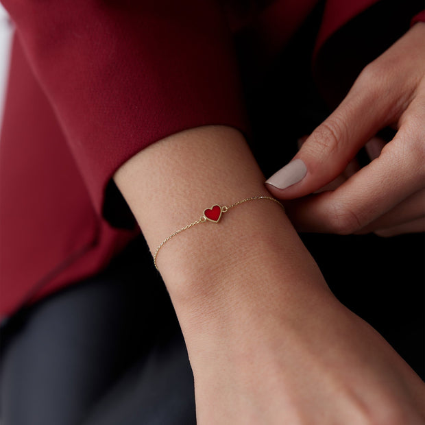 14k Gold Red Enamel Heart Bracelet, 14k Solid Gold Bracelet, Gold Bracelet for women, Solid Gold Bracelet