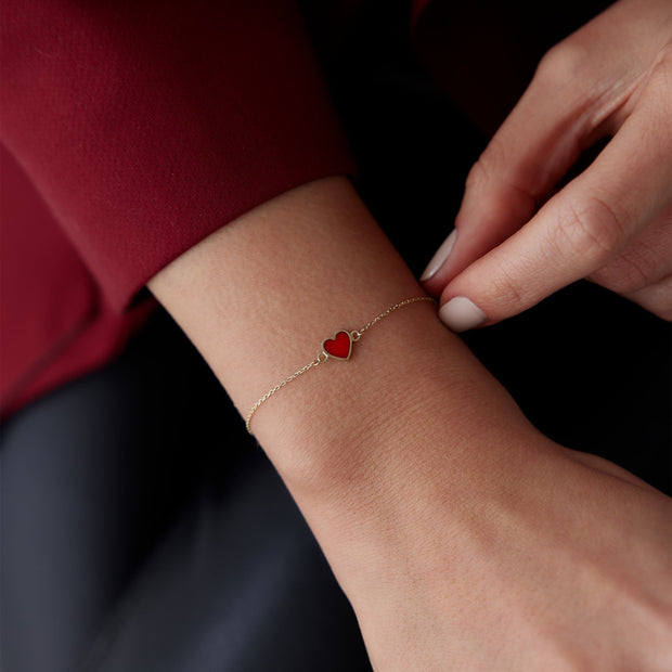 14k Gold Red Enamel Heart Bracelet, 14k Solid Gold Bracelet, Gold Bracelet for women, Solid Gold Bracelet