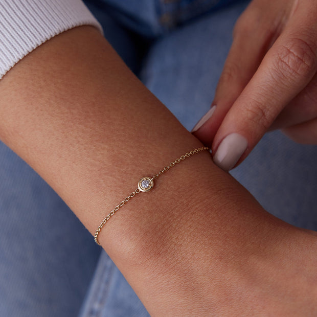14k Gold Solitaire Diamond Charm Tip Bracelet, 14k Solid Gold Bracelet, Gold Bracelet for women, Solid Gold Bracelet