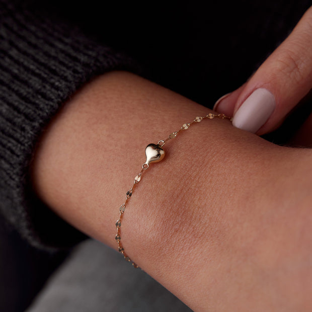 14k Gold Boomerang Chain Heart Bracelet, 14k Solid Gold Bracelet, Gold Bracelet for women, Solid Gold Bracelet