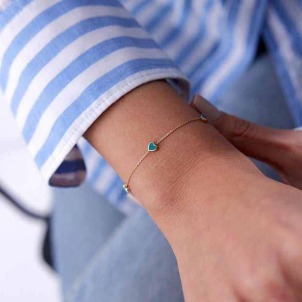 14k Gold Turquoise Enamel Desk Heart Bracelet, 14k Solid Gold Bracelet, Gold Bracelet for women, Solid Gold Bracelet