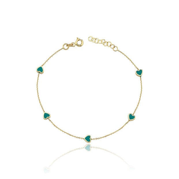 14k Gold Turquoise Enamel Desk Heart Bracelet, 14k Solid Gold Bracelet, Gold Bracelet for women, Solid Gold Bracelet
