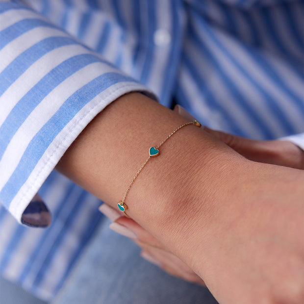 14k Gold Turquoise Enamel Desk Heart Bracelet, 14k Solid Gold Bracelet, Gold Bracelet for women, Solid Gold Bracelet