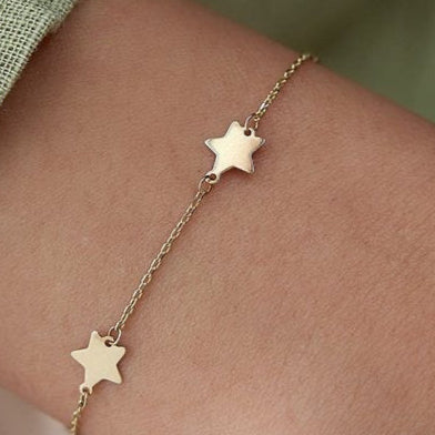 14k Gold Star Pair Bracelet, 14k Solid Gold Bracelet, Gold Bracelet for women, Solid Gold Bracelet