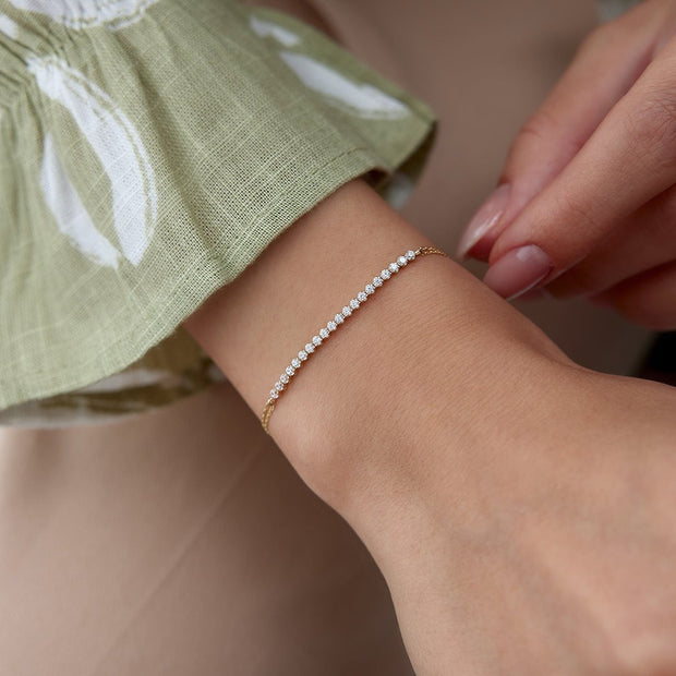 14k Gold Minimal Bracelet with Row Stones, 14k Solid Gold Bracelet, Gold Bracelet for women, Solid Gold Bracelet