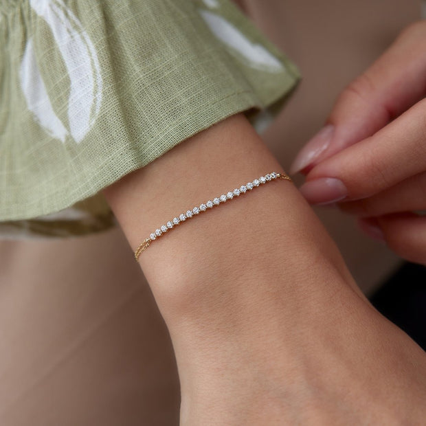 14k Gold Minimal Bracelet with Row Stones, 14k Solid Gold Bracelet, Gold Bracelet for women, Solid Gold Bracelet