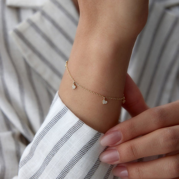 14k Gold Swinging Stone Heart Bracelet, 14k Solid Gold Bracelet, Gold Bracelet for women, Solid Gold Bracelet