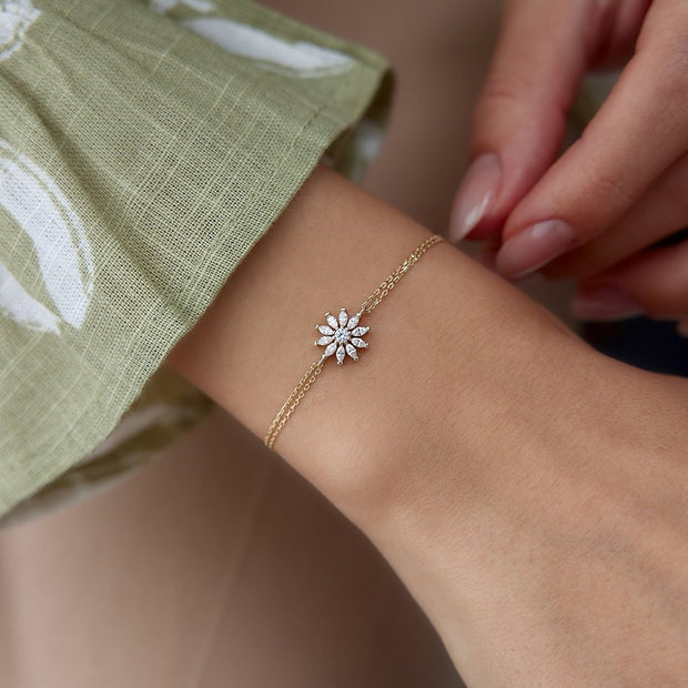 14k Gold Marquise Stone Flower Bracelet, 14k Solid Gold Bracelet, Gold Bracelet for women, Solid Gold Bracelet