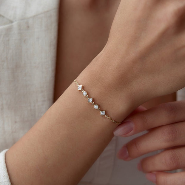 14k Gold Tile and Round Bracelet, 14k Solid Gold Bracelet, Gold Bracelet for women, Solid Gold Bracelet

