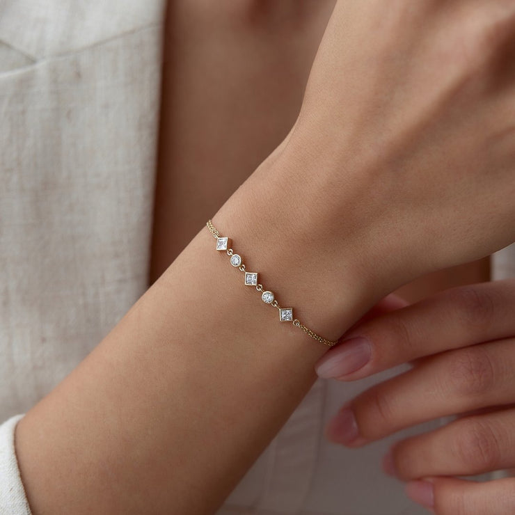 14k Gold Tile and Round Bracelet, 14k Solid Gold Bracelet, Gold Bracelet for women, Solid Gold Bracelet
