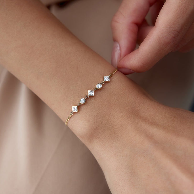 14k Gold Tile and Round Bracelet, 14k Solid Gold Bracelet, Gold Bracelet for women, Solid Gold Bracelet
